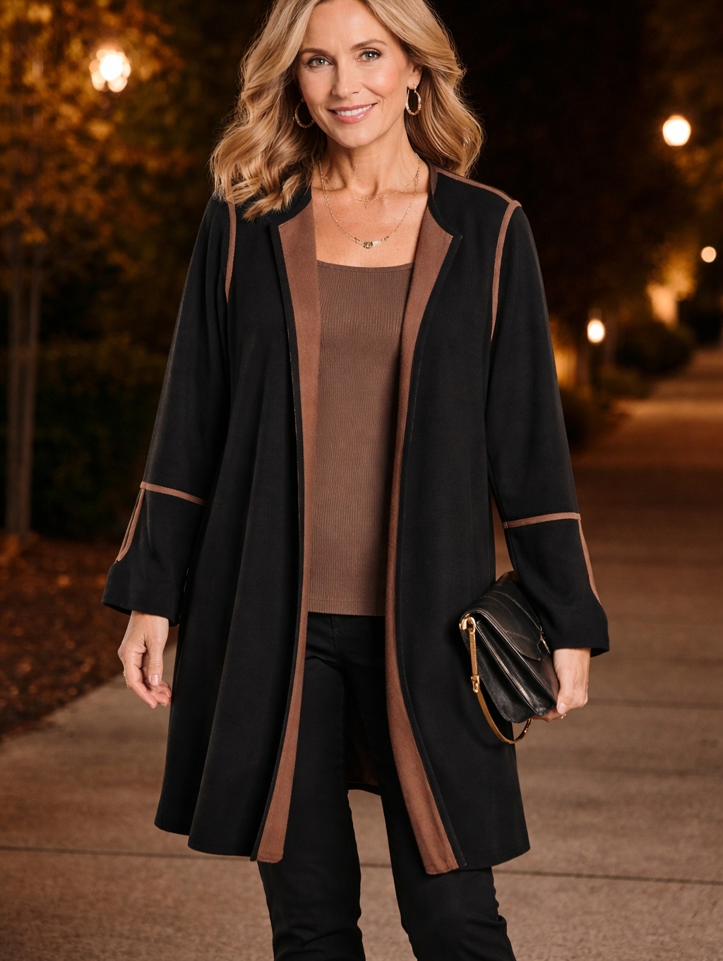 Chico's Black & Brown Open Front Longline Reversible Cardigan Size 3 Petite Nwt